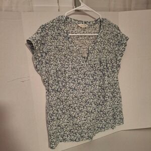 Lucky Brand Womens Medium Green Floral Smocked Sleeveless Blouse V-Neck Top